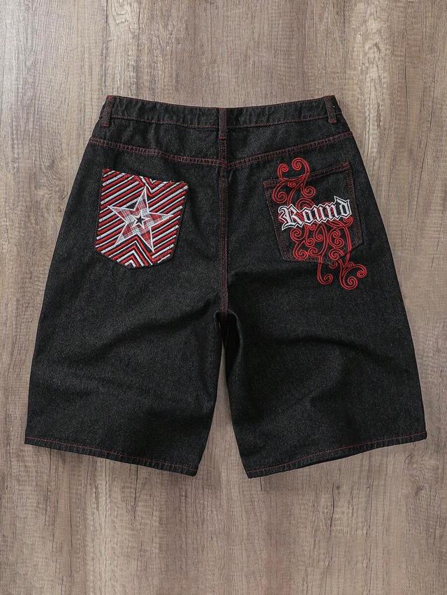 retro black denim shorts with patchwork and embroidery