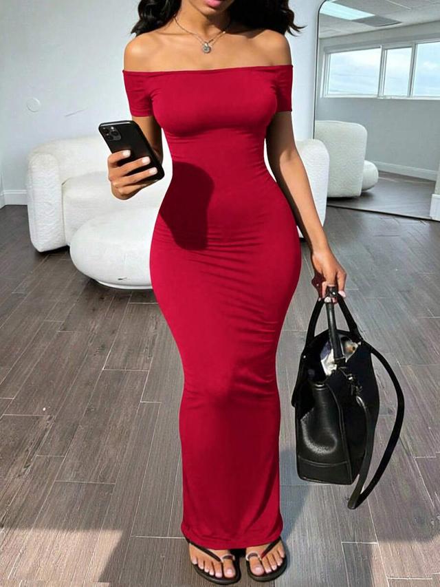 red off-shoulder bodycon maxi dress