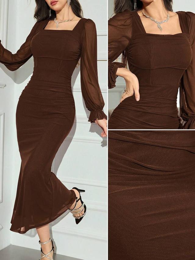 brown mesh contrast long sleeve casual evening dress