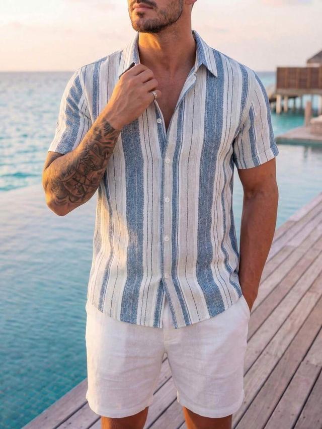 blue and white striped short sleeve linen shirt