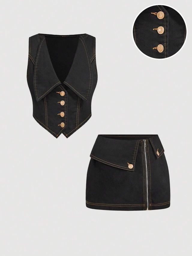 black denim single-breasted vest and skirt set
