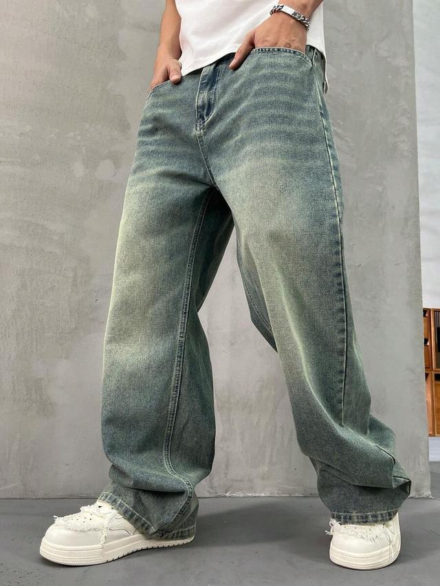 men's vintage wash wide leg loose denim jeans