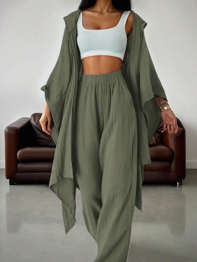 olive green casual cotton gauze hoodie and pants set