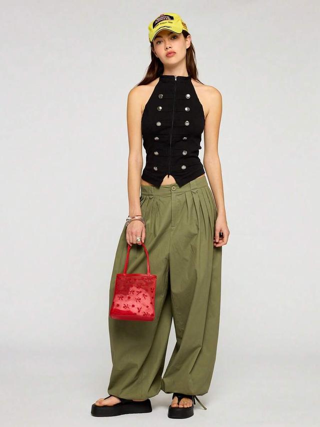 black halter neck military style denim top