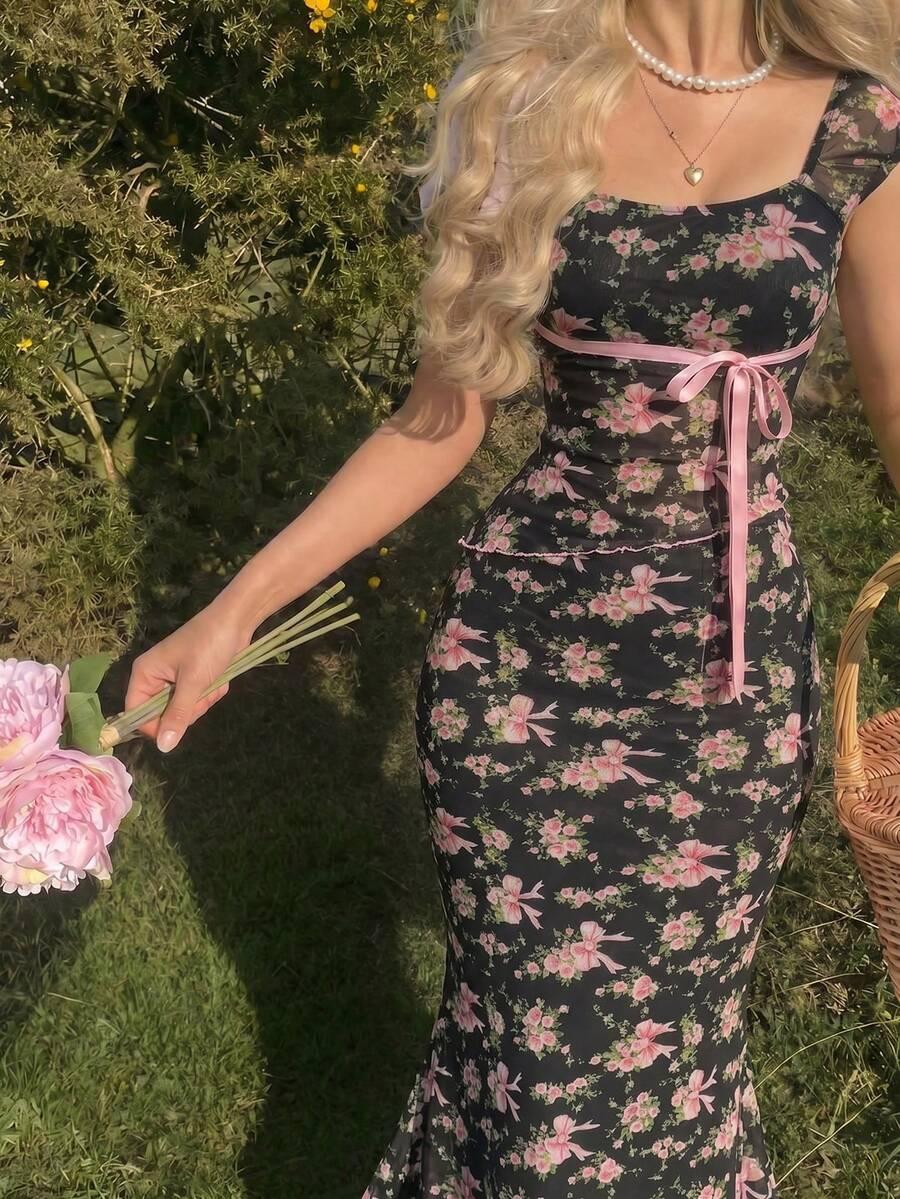 pink and black floral bow print coord set