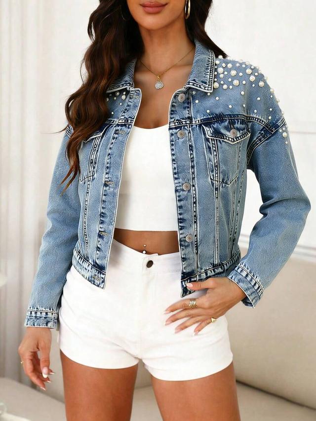 embellished light wash denim trucker jacket