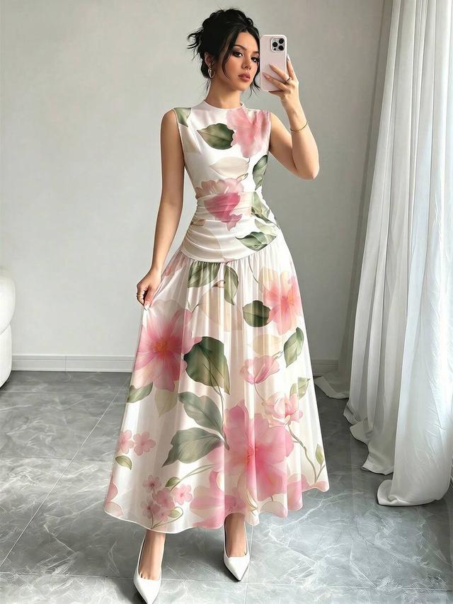 pink floral print sleeveless ruched waist maxi dress