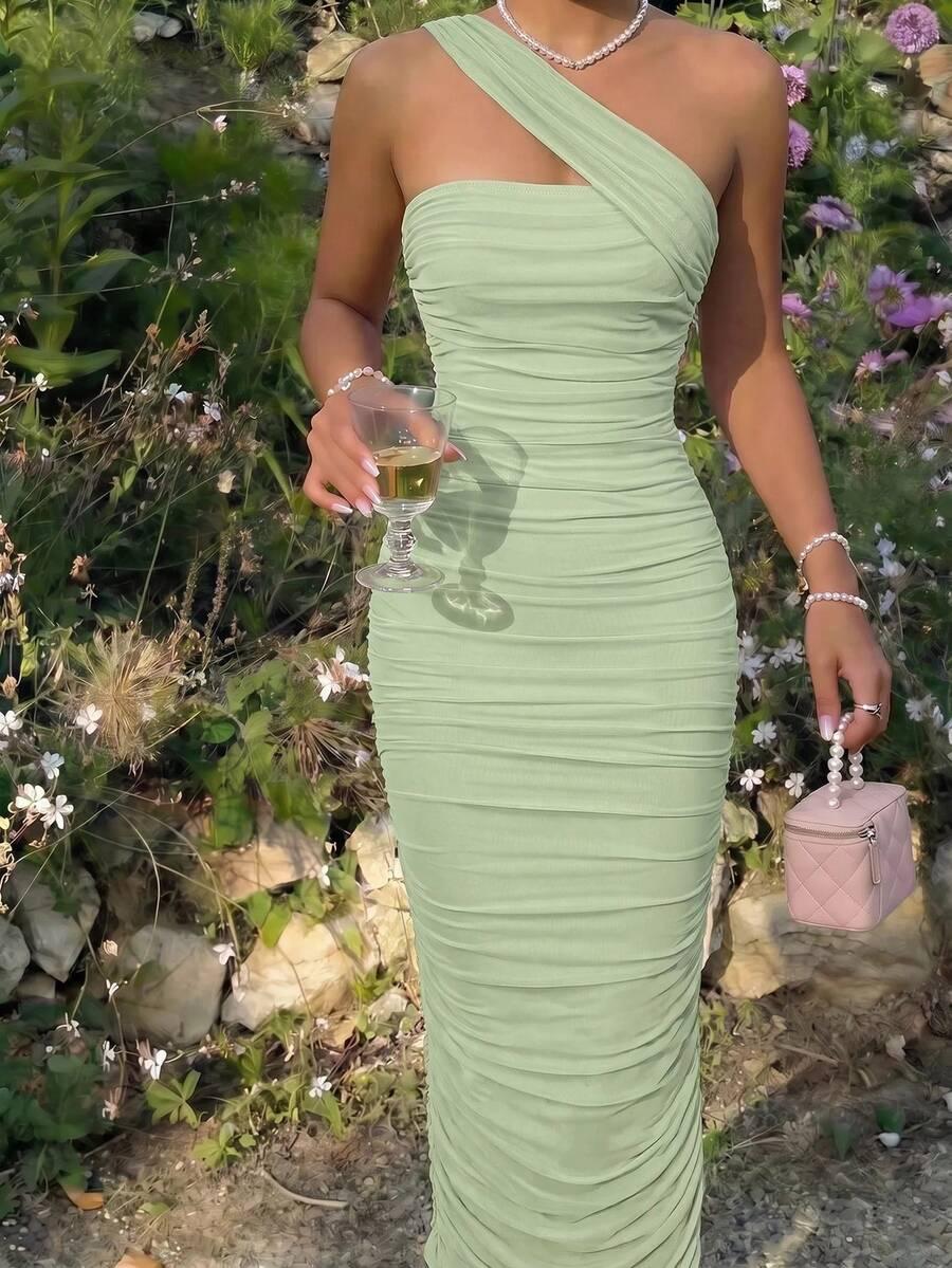 sage green one-shoulder ruched midi dress