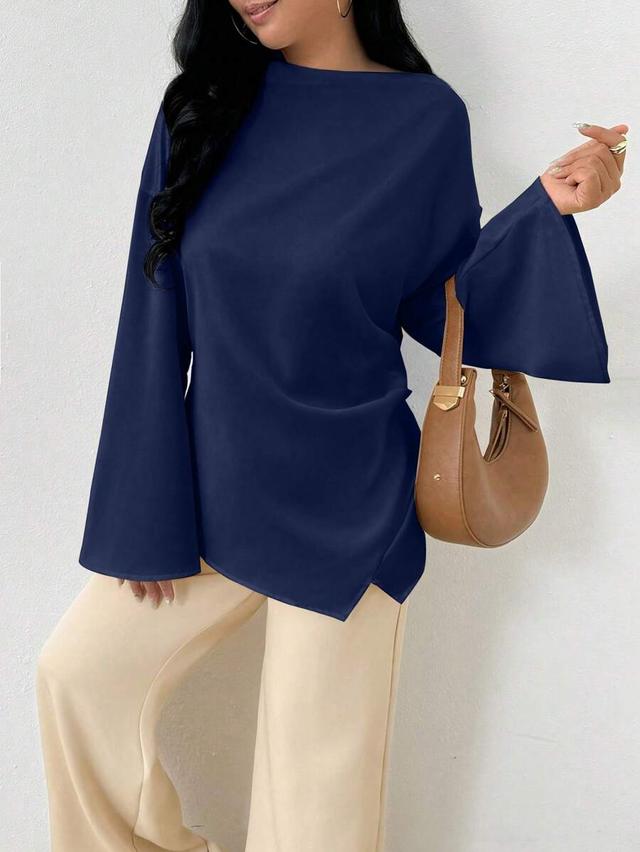 elegant navy blue bell sleeve commuting blouse