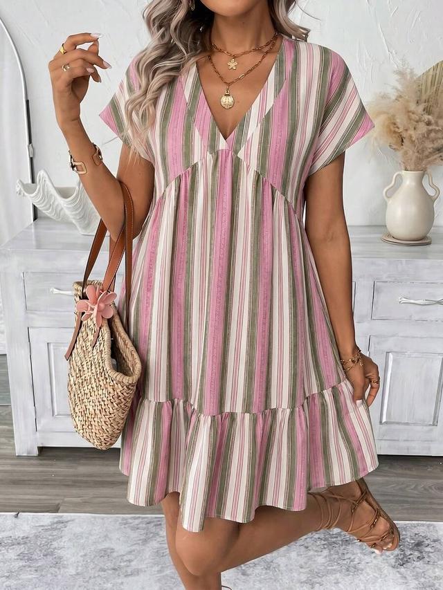 striped v-neck tiered cotton blend mini dress