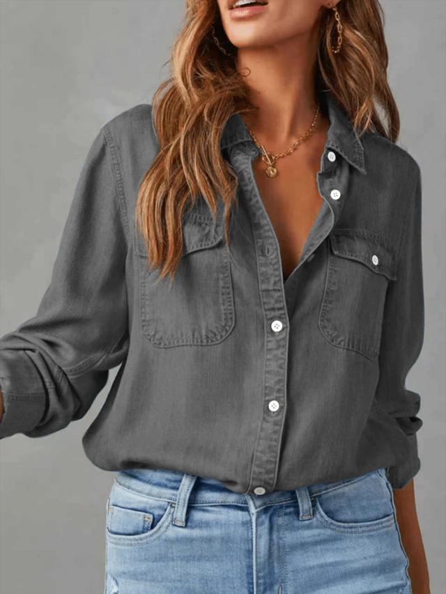casual solid color washed denim shirt
