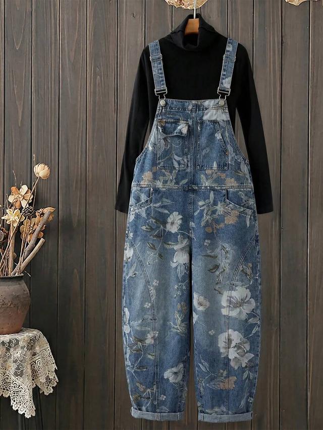 floral print denim dungarees with utility pockets