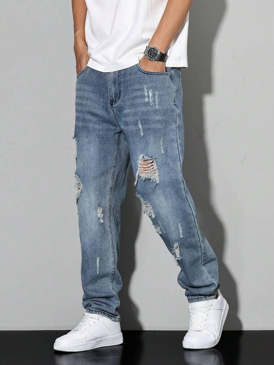 men's light wash distressed denim jeans with pockets