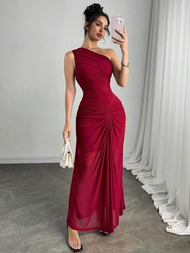 elegant red one-shoulder ruched mesh maxi dress