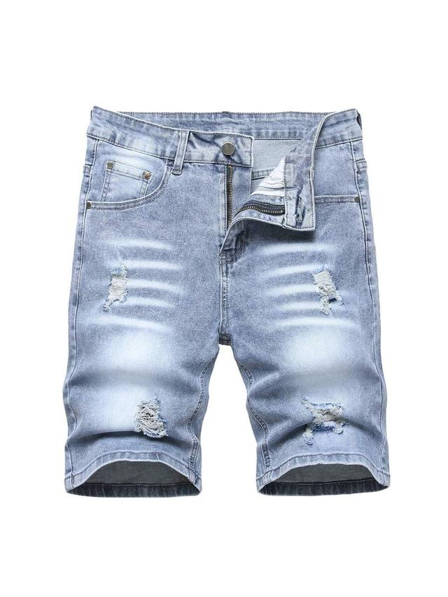 light wash distressed slim fit denim shorts