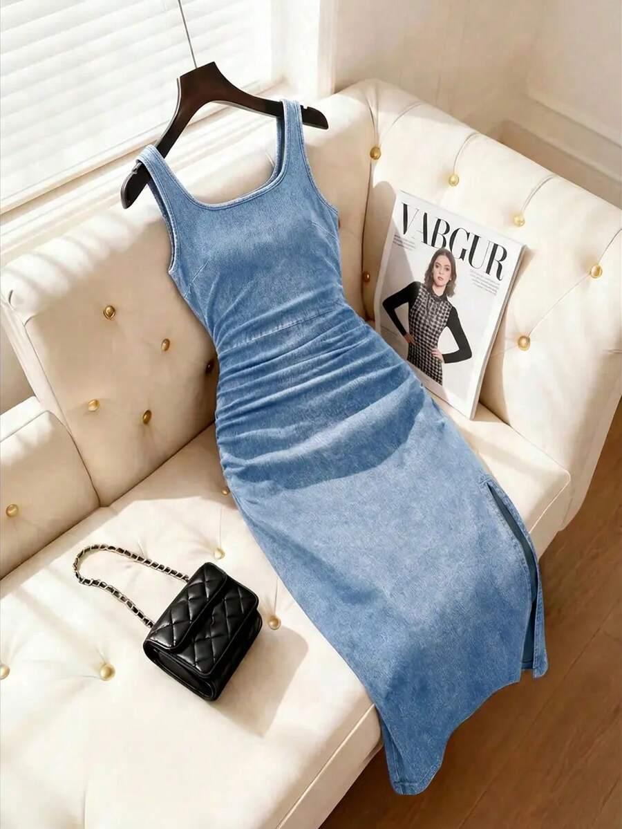 light wash denim ruched midi tank dress