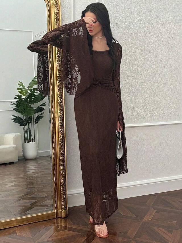 brown lace patchwork cinched waist long dress
