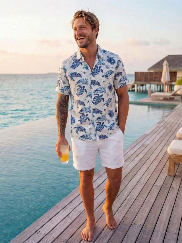 men sea turtle print holiday shirt