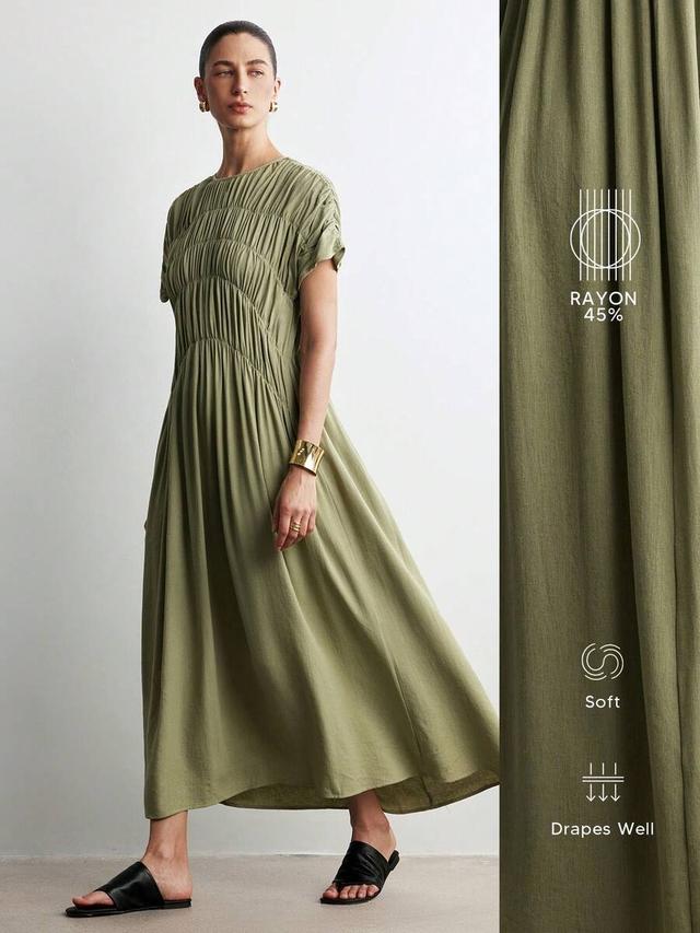 olive green casual ruched cap sleeve midi dress