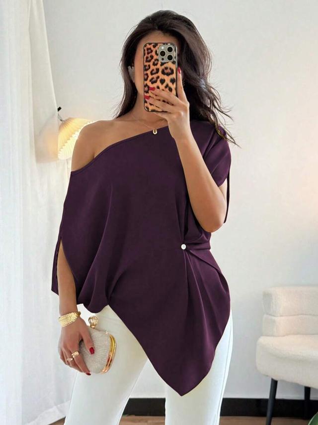 dark purple oblique shoulder asymmetric waist pleat blouse