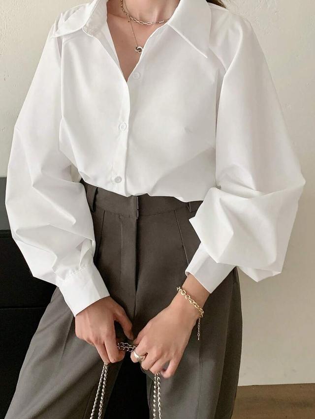 white cotton raglan lantern sleeve button down shirt