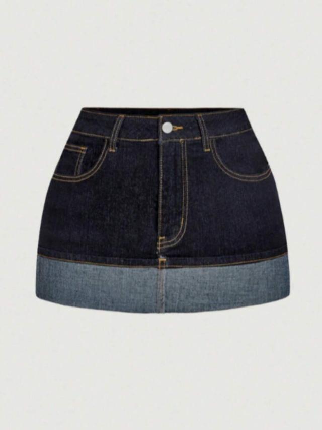 dark blue vintage dark wash denim mini skirt with contrast cuff