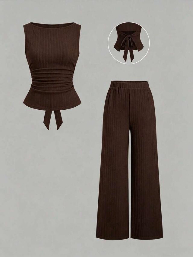 brown ribbed flare pants with elastic waist