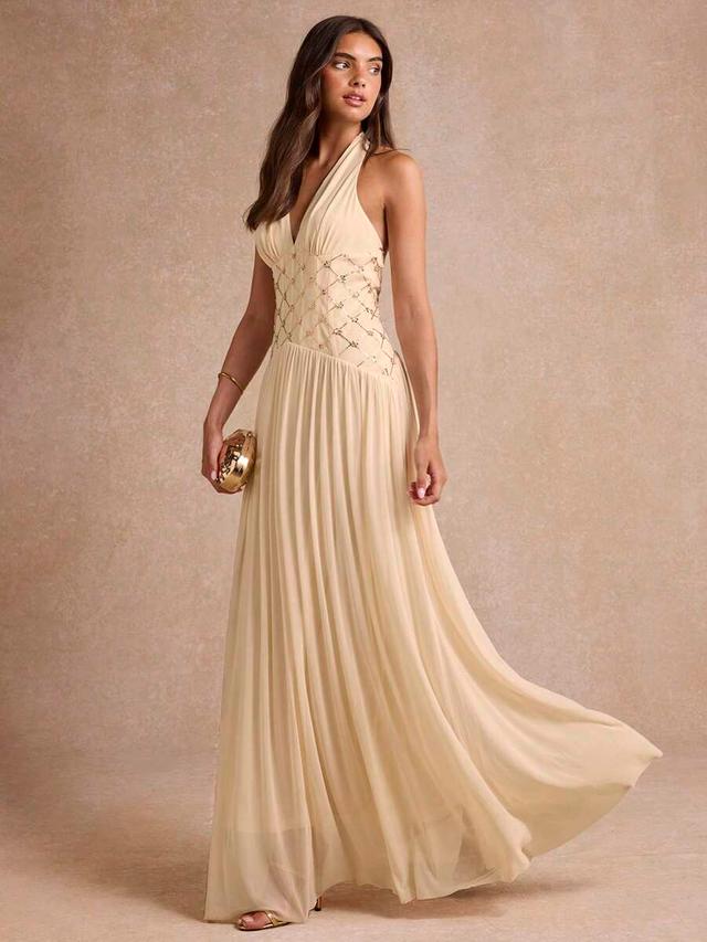 elegant orange sequin pleated halter maxi dress