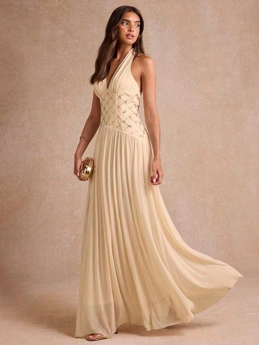 elegant orange sequin pleated halter maxi dress