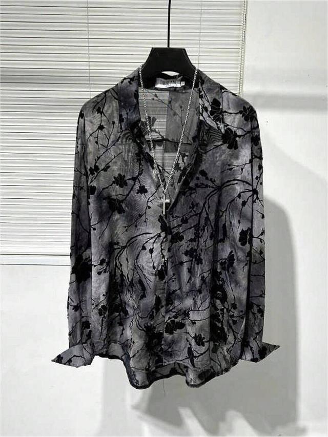 grey floral print sheer long sleeve shirt