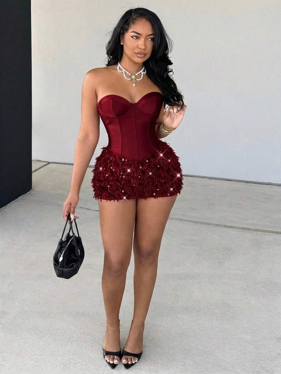 burgundy strapless corset mini dress with sequin fluffy hem