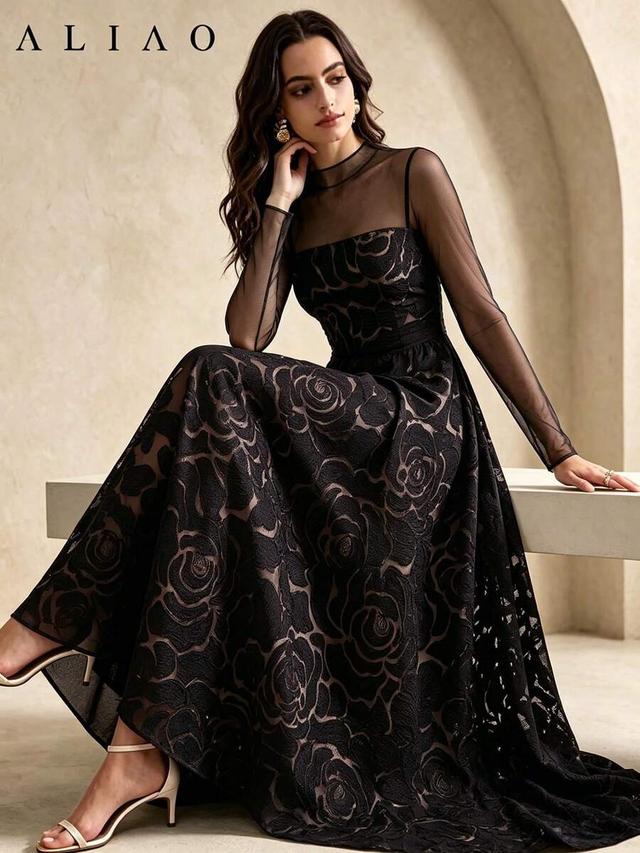 elegant black jacquard patchwork tulle long sleeve dress