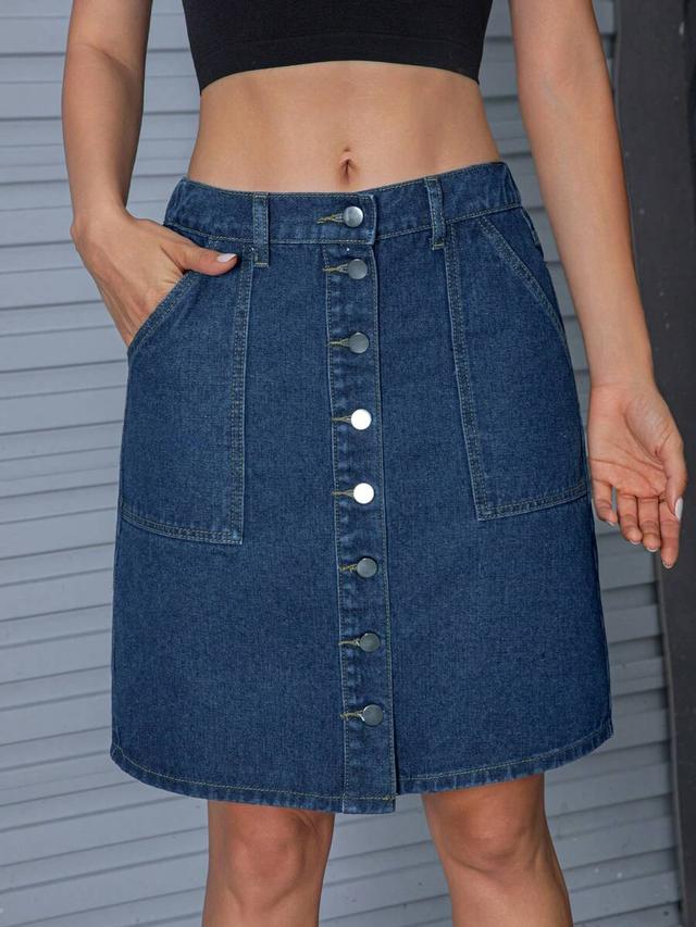 button-front dark wash denim mini skirt