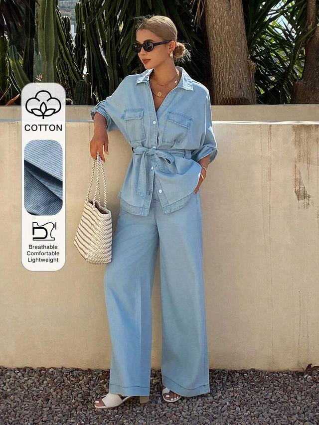 light wash denim collared shirt and wide leg pants