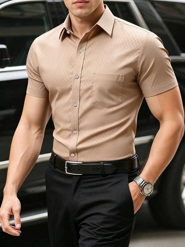 beige plaid print short sleeve formal shirt