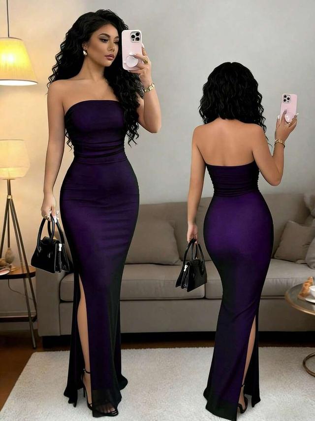 rafferiza strapless bodycon maxi dress in deep purple