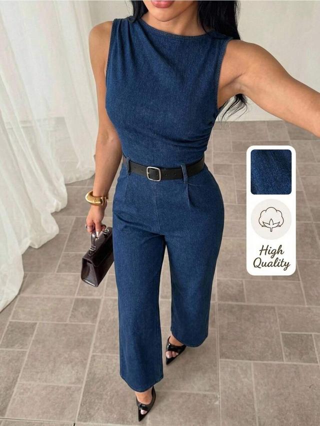 sleeveless pleated denim jumpsuit