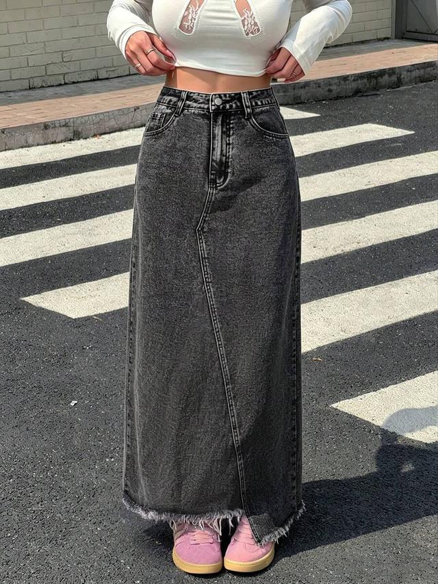 casual long grey denim skirt with frayed hem