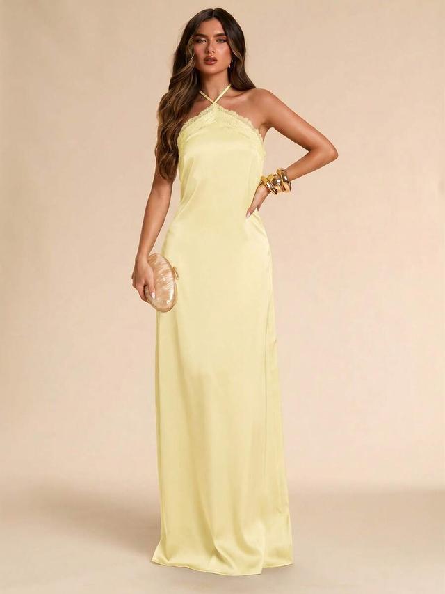 pale yellow satin lace halter neck maxi dress