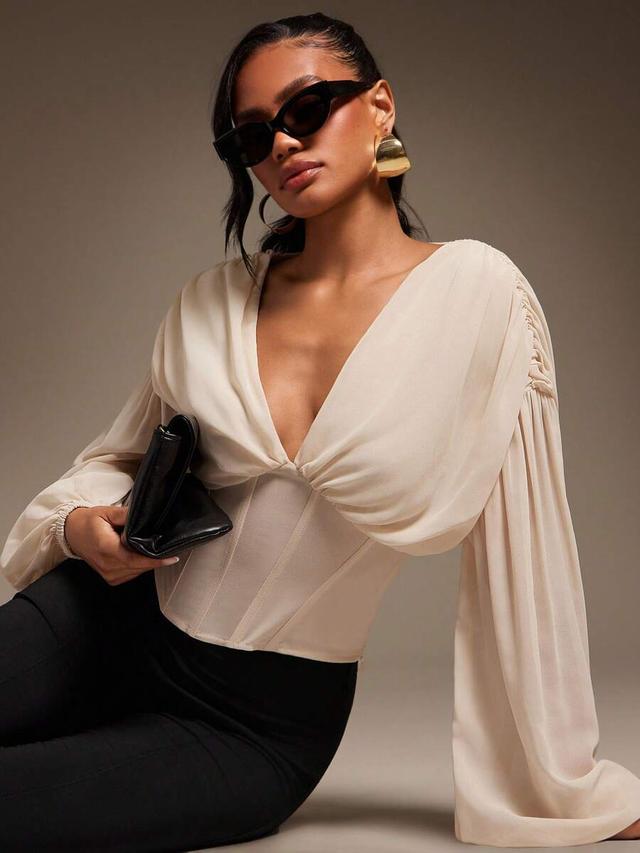 beige chiffon corset blouse with balloon sleeves