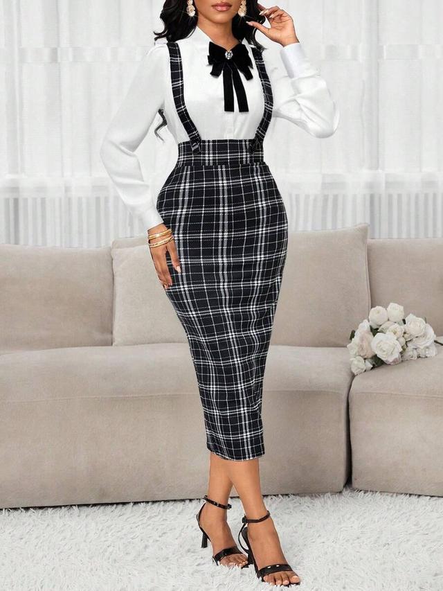 plaid print back slit bodycon pinafore dress