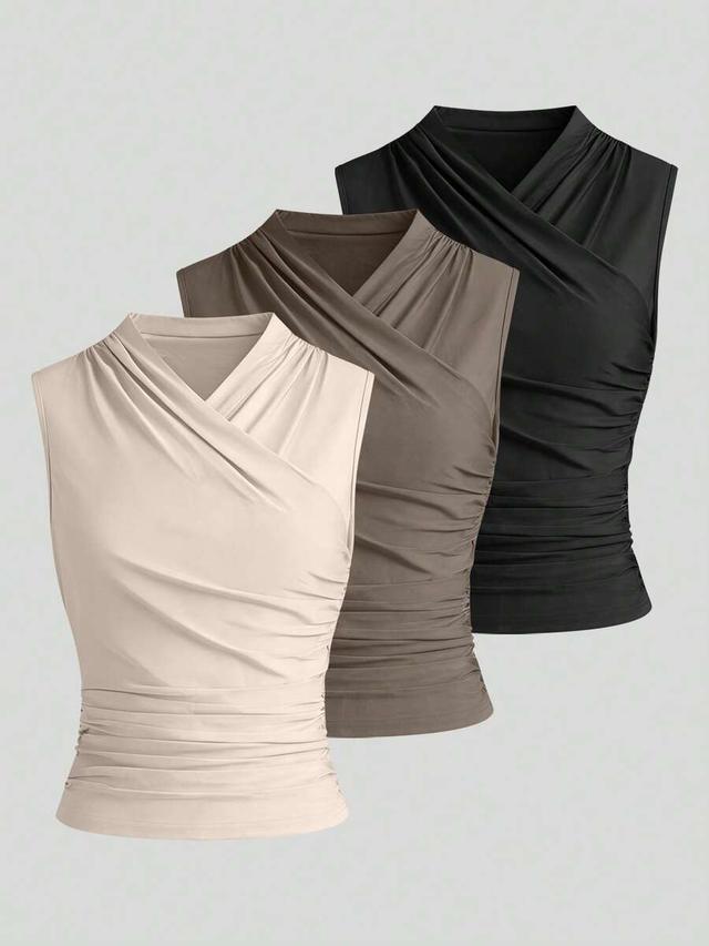 taupe v-neck sleeveless ruched solid color tank top