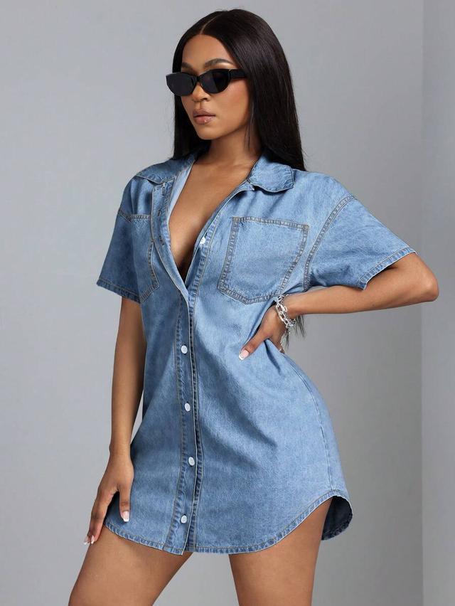 light wash denim button-down shirt dress