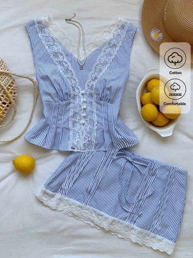 blue and white striped lace patchwork ruffle blouse