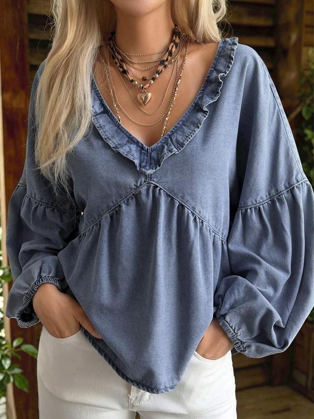 blue washed cotton denim v-neck ruffle blouse