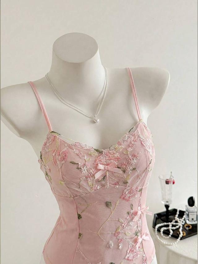 pink floral embroidered v-neck cami top