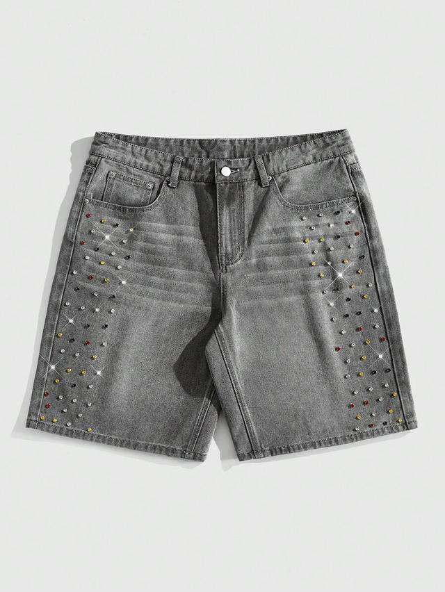 grey denim shorts with colorful diamond stud embellishments
