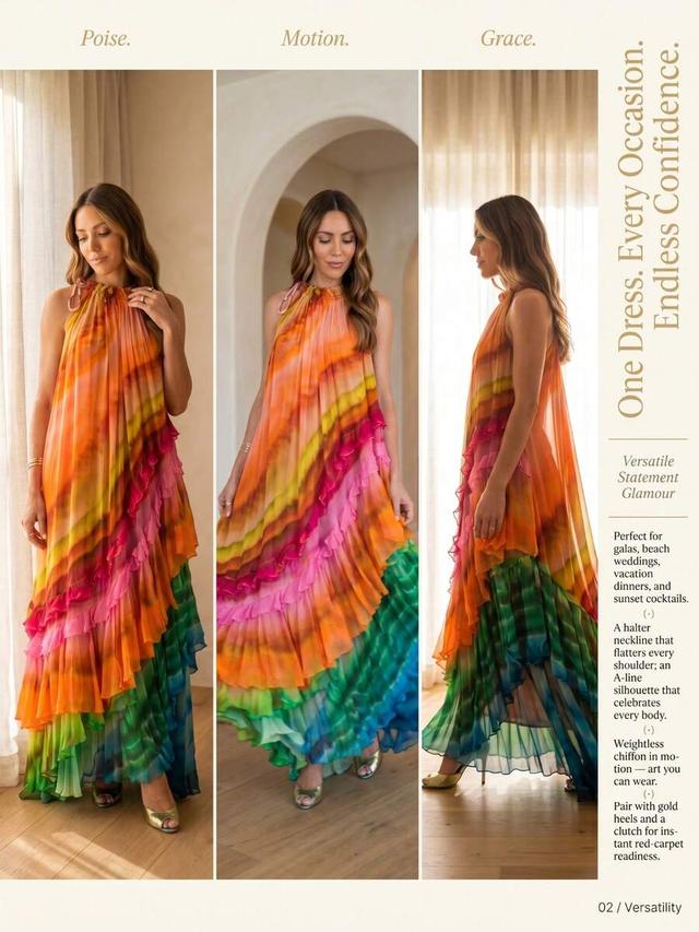 multicolor tiered chiffon halter maxi dress