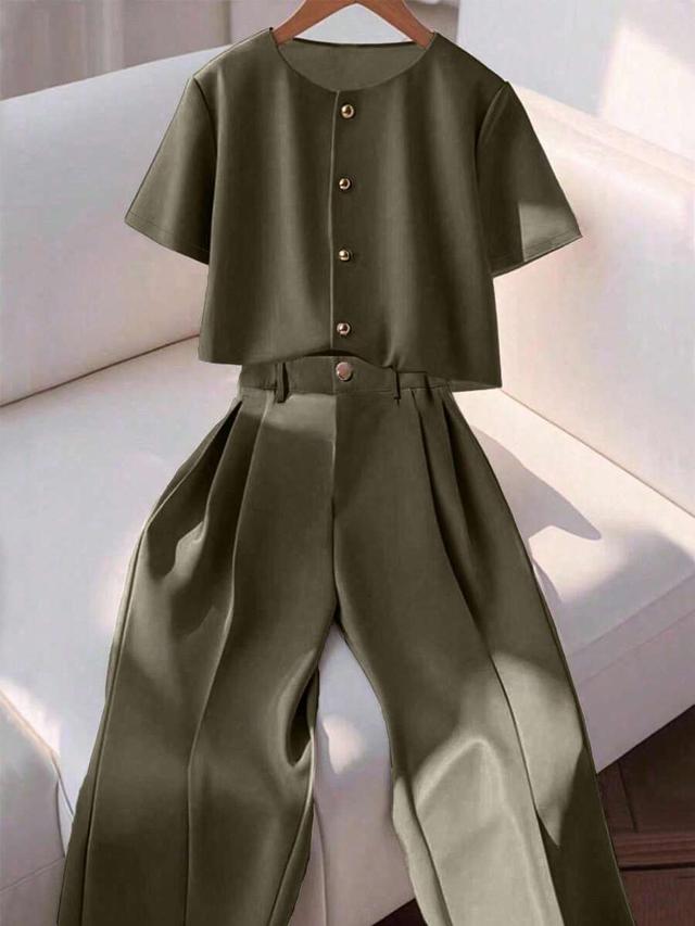 olive green short sleeve blouse and pleated trousers set