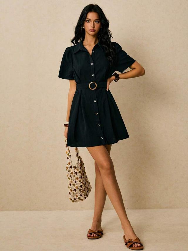 black puff sleeve belted mini shirt dress